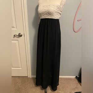 White lace strapless with black full length dress